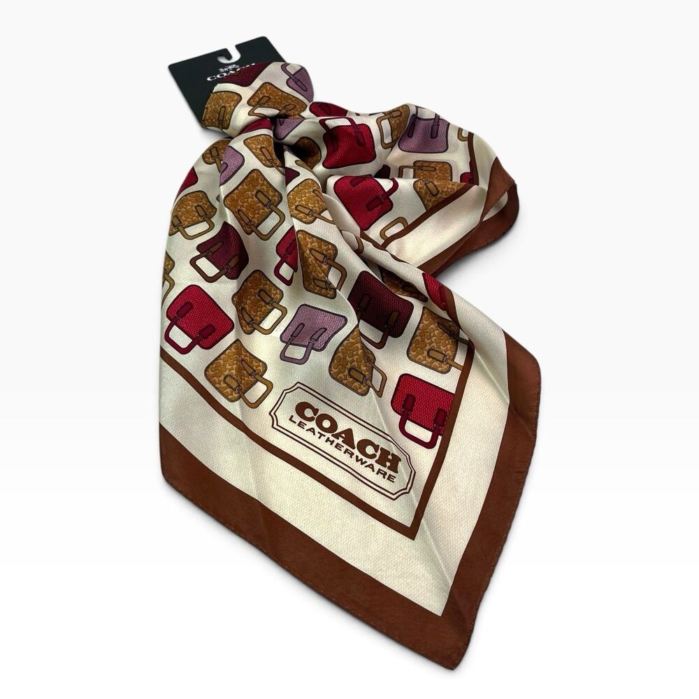 COACH Trompe L'Oeil Bag Print Silk Scarf 35x35 Cream Brown Preppy Hair Neck NWT